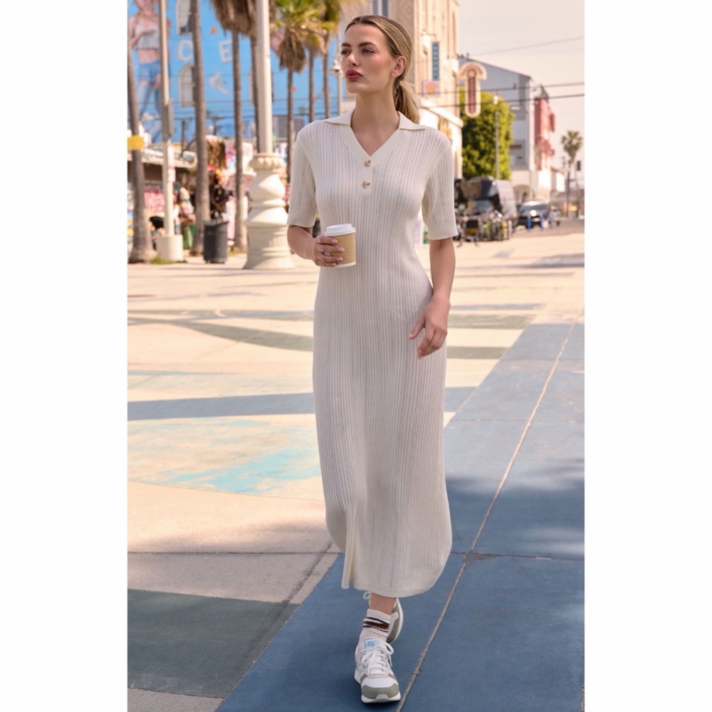 ANTHROPOLOGIE Varley Andrea Ribbed Knit Polo Maxi Dress Ivory Short Sleeve L NWT